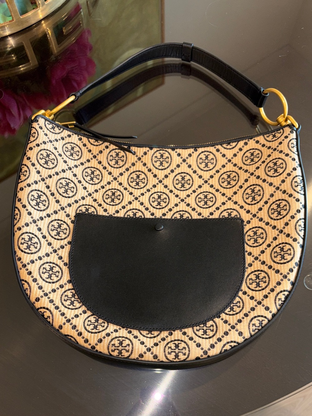 Tory Burch Raffia Woven Logo Half Moon Purse Shoulder Bag